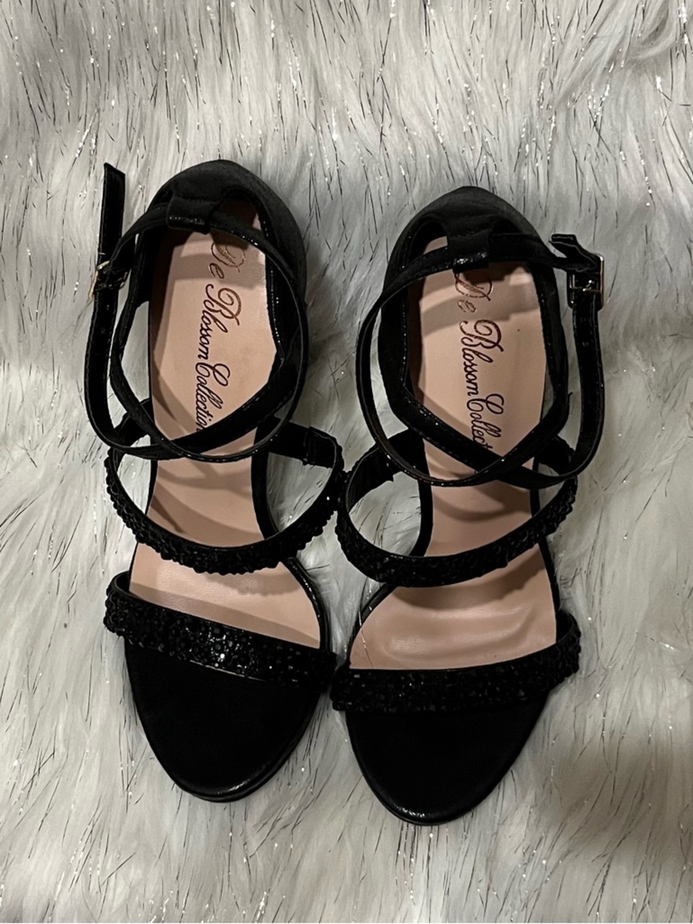 De Blossom Collection Black Strappy Sequin Heels